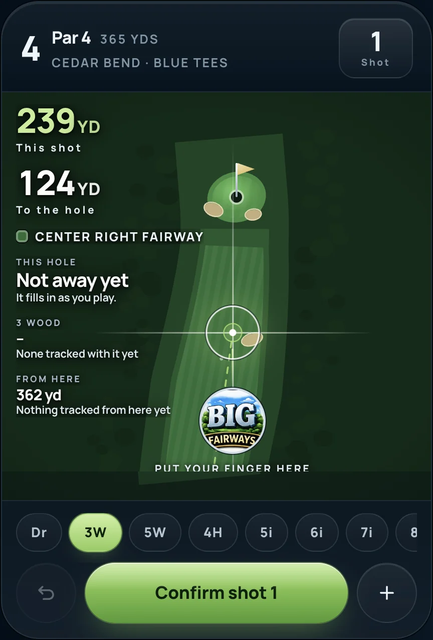 The shot tracker on a phone, with the crosshair out on the fairway and the distance to the hole